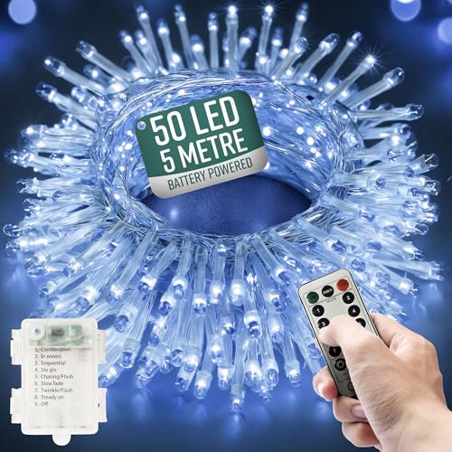 GloBrite Garden Fairy Lights Battery Operated - 50 LED String Lights with Remote - 8 Lighting Modes - Battery Fairy Lights Indoor & Outdoor - Bedroom Aesthetic - (Cool White LED)