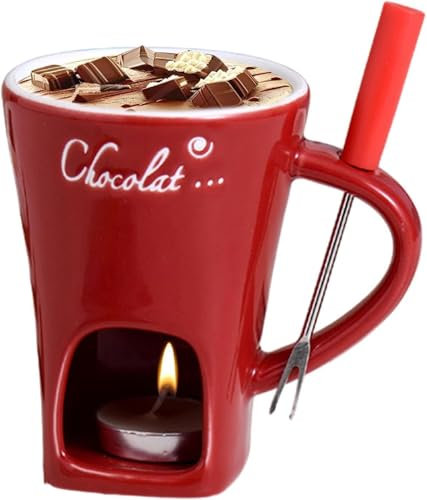 Taza para Fondue de Chocolate, Taza para Derretir Chocolate con Tenedor, Juego de Fondue para Velas de té, Taza para Derretir de Cerámica con Olla Caliente (Red)