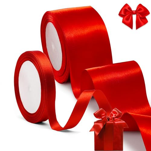 qingmeng 44m Geschenkband Rot, 5cm 2cm Satinband Schleifenband Rotes Ribbon Band Schleife Geschenkband Breit Satinbänder Seidenband Red Band für Auto Hochzeit geschenkverpackung Weihnachten Dekoration