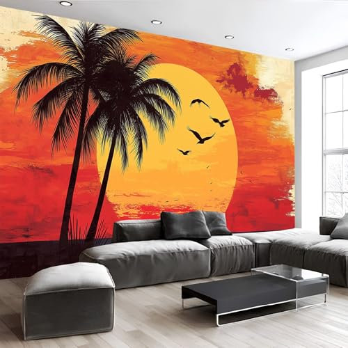 Scène de plage tropicale Papier Peint Panoramique coucher de soleil avec palmiers,350× 256 cm - Décoration murale moderne – Tapisserie décorative pour chambre salon - Tapisserie murales papier peint