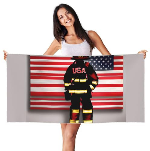 JJPUNGK Strandtuch mit roten Streifen, Feuerwehrmann, USA-Flagge, 68 x 140 cm, leicht, schnell trocknend, übergroßes Handtuch für Erwachsene, Reisen und Pool
