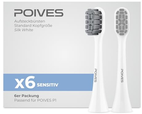 POIVES Bürstenköpfe für P1 Pro Schallzahnbürste, Sensitive, Silk White, 6er | Weiche Aufsteckbürsten für empfindliches Zahnfleisch, Vorrat für 12-18 Monate, schadstoffgeprüft & BPA-frei