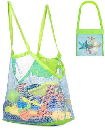 EUYKQNOI Borsa Rete Giochi Spiaggia Grande 2 Pezzi, Verde con Rete Blu, Sacchetto Portatile Pieghevole per Sabbia, Giocattoli Bambini, Mare, Piscina, Viaggio