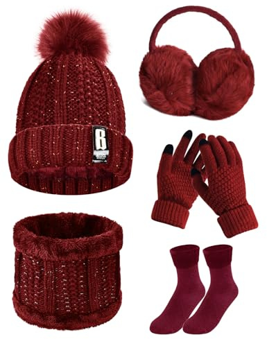 Tuopuda Wintermütze Handschuhe Damen Warme Beanie Winter Mütze Strickmütze Schal Gestrickte Handschuhe Verdickte Socken Plüsch Ohrenschützer Kombi Set Geschenk für Outdoor Sport Wärmen