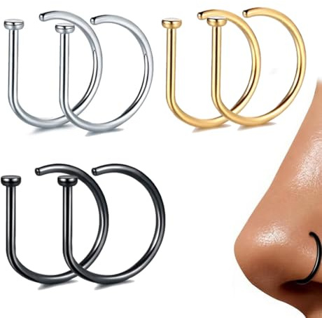 JYNXOR 6 Stück Nasenpiercing Ring, Fake Piercing Ring, Nasenring Fakes, Nasen Nasenpircing,No Nadel Ohrring, Chirurgenstahl für Nostril (Gold Silber Schwarz)