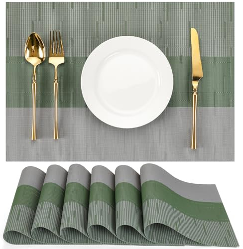 Chitomars Tischsets abwaschbar, Platzsets abwaschbar PVC Platzdeckchen | 6er Set Tischsets Outdoor Vinyl hitzebeständig Gewebte Platzdeckchen für Häuser Restaurants Hotel (Grau Salbeigrün, 6er Set)