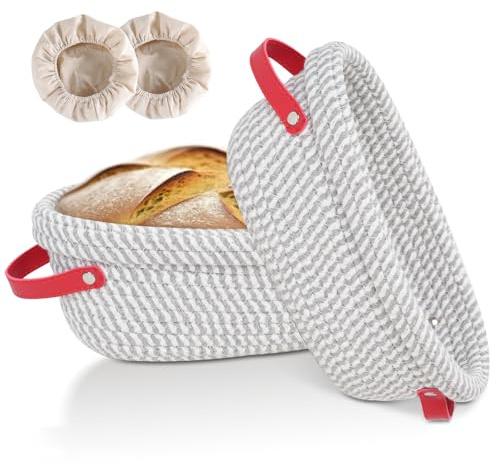 Zunmial Banneton Sourdough Bread Proofing Baskets, 2 Pack 10 inch Oval with Liner & Cover, Cotton Rope Proofing Baskets for Sour Dough Bread Baking, Artisan Bread Making, Gifts for Women, Bakers
