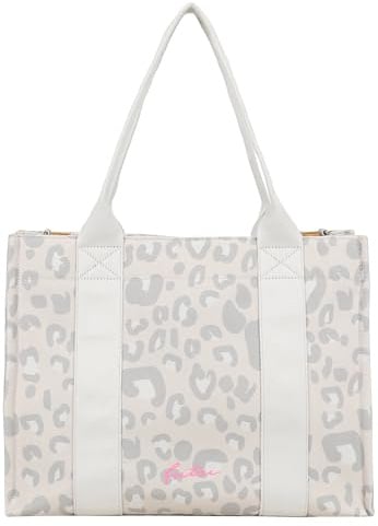 Fritzi Tote Shopper Leo Canvas Damen Shopper Handtasche Festival City vegan Leoprint Reißverschluss 29,5 x 40 x 14 cm – Rosa, Grün, Beige
