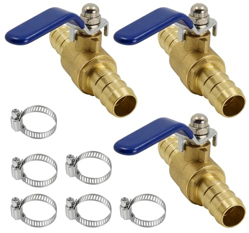 3 Stück Messing Kugelhahn 3/4 Zoll, Doppelkopf Schlauchtüllenventil (19mm) mit 6 Schlauchklemmen, Absperrkugelhahn für Luft, Wasser, Öl, Brennstoff