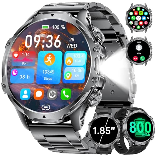 LIGE 1,85 Smartwatch Uomo con Torcia LED/800mAh, Chiamata Bluetooth, Impermeabile 5ATM, 110+ modalità Sportive, Cardiofrequenzimetro SpO2 e Sonno Smart Watch Militare per iOS Android, FV15-C