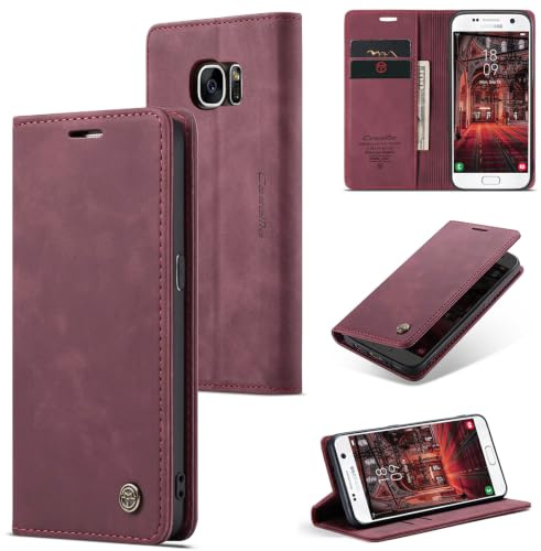 Sojlecyu Handyhülle für Samsung Galaxy S7 hülle Premium PU Leder Cover Klapphülle Tasche Flip Case Magnet Kartenfach Ständer Schutzhülle für Samsung Galaxy S7, Weinrot