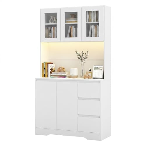 Songvas Alacena de Cocina, Aparador Cocina, Muebles de Cocina, Armario Cocinas Almacenaje con Iluminacion LED, Regleta, Encimera para Microondas, 3 Cajones, 5 Puertas 100x38.5x180 Blanco