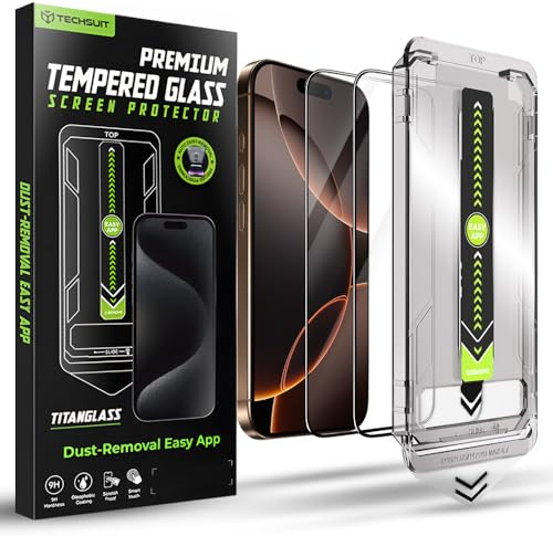 Techsuit Displayschutzfolie 2er Pack für iPhone 16 Pro, iPhone 17 Gehärtetes Glas mit Vollständige Abdeckung, HD Klarheit, Stoßschutz, Oleophobe Beschichtung, TitanGlass FullCover