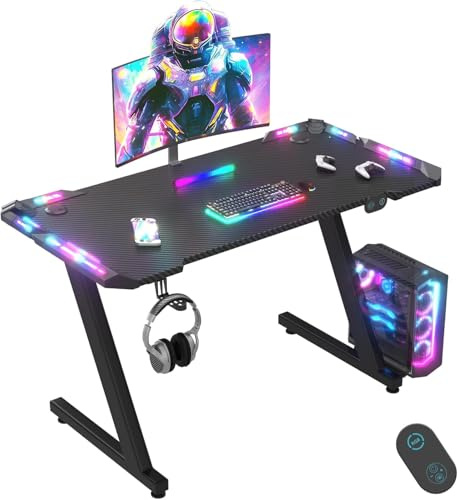 JUMMICO Gaming Desk 120 x 60 cm with LED Lights, RGB Gaming Table Sturdy Computer Desk for Home Office and Gamers with Headphone Hook, Black