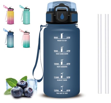 Mujigaga Borraccia Bambini, 500ml Borraccia con cannuccia, Senza Perdite Borraccie Motivazionale, Desiqn del cordino, Indicatore del Tempo, Borraccie per Scuola, Palestra, Ufficio, Festa