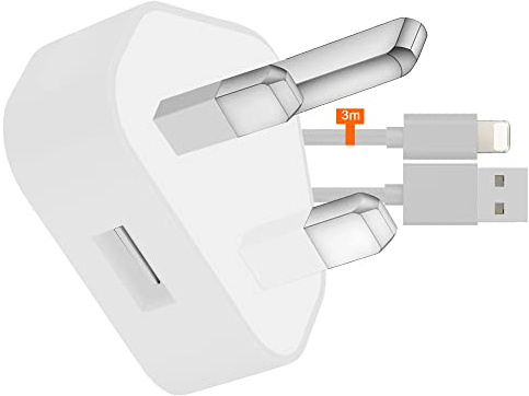 IWIO 3 Pin UK Mains Wall Charger & USB Charge Cable Braided 3 Meters 10 Feet compatible with iPhone XS Max/XS/XR/X/8 Plus/8/iPad Pro/Air/iPad mini 2/iPad 4/nano 7 - SILVER