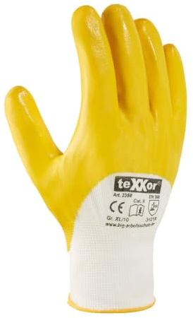 texxor 12 Paar Polyester-Strickhandschuhe 2358, Nitril beschichtet, Packung, weiß-gelb, 8/M, Nitrilhandschuhe, Strickhandschuhe, Arbeitshandschuhe