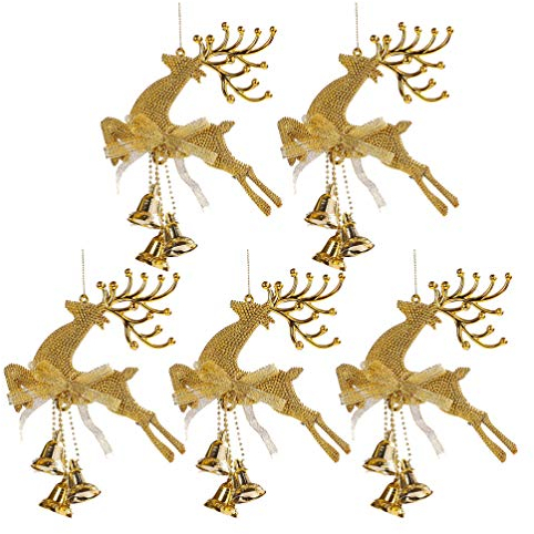Amosfun 5pcs Christbaumschmuck Rentier Figur mit Jingle Bell Weihnachtsbaum hängenden Dekorationen für Urlaubsparty Ornamente Gold