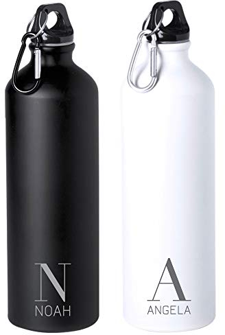 eBuyGB Personalised 800ml Stainless Steel Reusable BPA Free Matt Water Bottle with Carabiner Clip - Custom Name & Initial - Use for School, Gym, Outdoor, Yoga & Sports (Black)