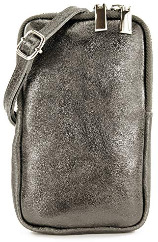 modamoda de T197 Damen Leder Handytasche 6,7 Zoll Umhängetasche handmade in Italy, Farbe:Anthrazit Metallic