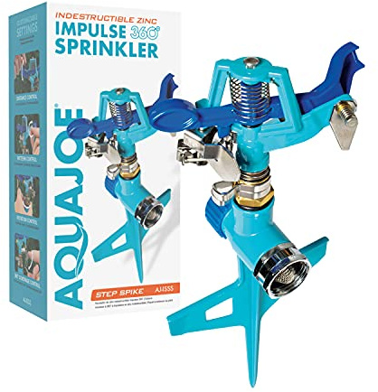Aqua Joe Indestructible Impulse Sprinkler - Metal, 360°, 1390 sq ft, Adjustable, W/ HD Stepped One-Way Spike