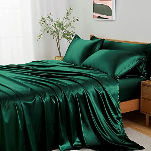 Lanqinglv Satin Bettwäsche Set 155x220 cm Dunkelgrün Grün Seide Glatt Glanzsatin Luxus Sommerbettwäsche Set Satin Polyester Uni Bettbezug mit Reißverschluss und 1 Kissenbezug 80x80cm