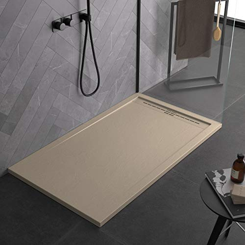 Receveur de douche en marbre minéral, couleur sable RAL-0707010, avec effet pierre ardoise, série Paris, fin 3 cm, revêtement Gelcoat antidérapant