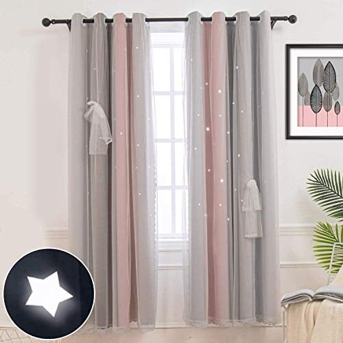 CoutureBridal Vorhang Blickdicht Ösenschal Gardinen und Vorhänge Kinderzimmer Schlafzimmer Grau Rosa Sterne Voile Verdunkelungsvorhänge für Kinder Mädchen,1 Stück (H 90 x B 132 cm)