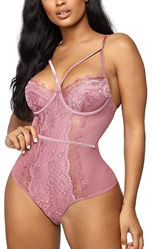 Buitifo Donna Sexy Lingerie Babydoll Body Senza Ferretto Un Pezzo Lingerie Sleepwear Trasparente Camicia da Notte Teddy Scollo a V Biancheria Intima(Pink,L