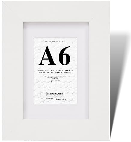 Fabian Clarke London® A6 Modern White Wooden Picture Photo Frame with White Mount Includes Glass Front Hang Portrait or Landscape