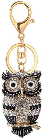 HEYU Nette Schlüsselanhänger, Bling Kristall Kleine Tier Schlüsselanhänger, Gold funkelnde Legierung Charm Schlüsselanhänger (Eule Black)