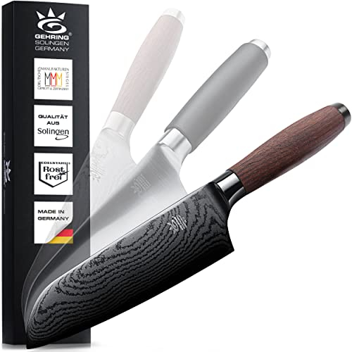 SOLINGEN DELUXE MYII | Santoku Messer/Damastmesser | Scharfes Profi Küchenmesser, made in Germany & eisgehärtet | Damaststahl VG10 mit DLC-Beschichtung + ergonomischem Nussbaum - Holzgriff…
