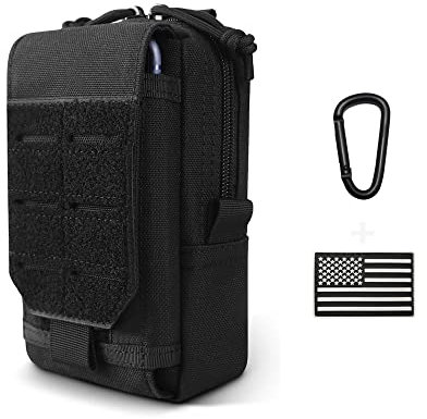 Molle Utility Pouch EDC Cell Phone Pouch for Vests, Tactical Waist Bag for Men Gadget Organizer Pack Purse Mobile Phone Case Hunting Compact Bag U.S.A Patch Carabiner Included (Black)