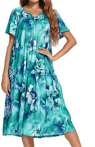 Bloggerlove Hauskleider für Damen mit Taschen, Mumu Duster, Hausmantel, kurzärmelig, Terrassenkleid, S-XXL, Pat21-green Tie Dye, Mittel