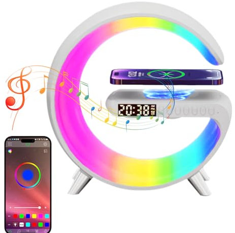 Wireless Charger Ambient Light, G Shaped LED Table Lamp with Wireless Charger and Time Display, RGB Colour Changing Night Light, Dimmable Night Light Alarm Clock Blue Tooth Speaker for Bedroom