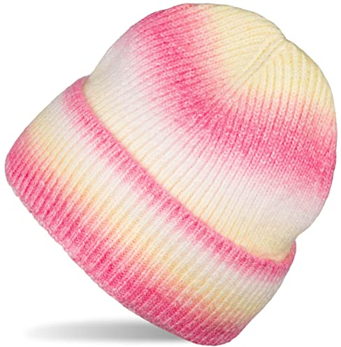 styleBREAKER Damen Strickmütze mit Streifen Farbverlauf im Ombré Look, Feinstrick Mütze, Strick Beanie 04024199, Farbe:Koralle-Gelb-Weiß