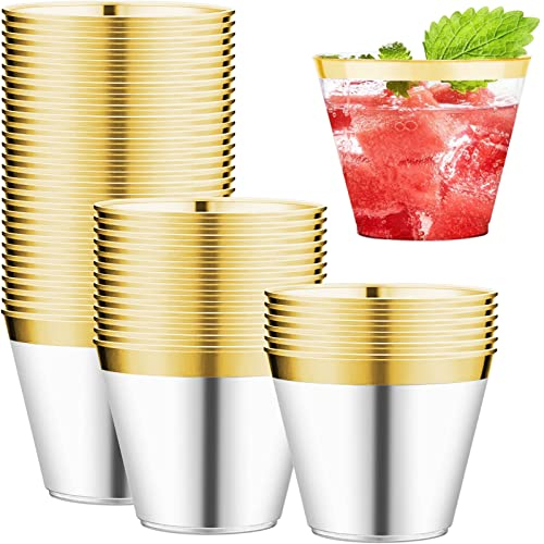 wordmouk 50 Pack Gold Rimmed Plastic Cups 270ml 9OZ Reusable Clear Plastic Tumblers Clear Crystal Plastic Cup Elegant Party Tumbler Set for Champagne Beer Cocktail Martini Soda Dessert