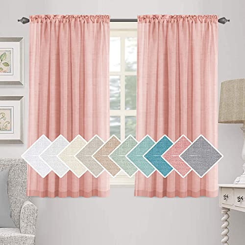 Leinen Gardinen,Halbtransparent Leinenvorhang Voile, Wohnzimmer Vorhang Leinenoptik Gardienen,für Schlafzimmer, Wohnzimmer, 2er Set (Coral pink,132×160cm)