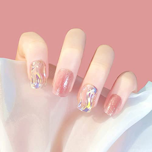 AKOFIC 24Pcs False Nails Short, Square Acrylic French Press on Nails Designs, Stick on Nails, Fake Nails with Jelly Glue for Women Nail Art Manicure Decoration (pastel ripple)