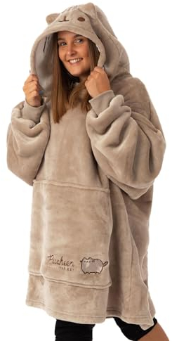 Pusheen Tragbare Damendecke | Damen Fleece-Kapuzenpullover mit bestickter Katze in Braun | Kuscheliger, Schwerer Internet-Charakter-Kuschel-Kapuzenpullover