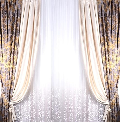 2x Set Luxus fertig Vorhänge Gardine nach Maß Jacquard 3D Textur klassisch abstrakt Muster Taupe Gold Wohnzimmer Schlafzimmer Haus Wohnung Villa 140 cm breit 140 - 300 cm Lang (220 x140 cm)