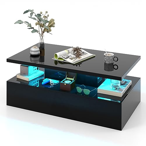 COSTWAY LED Coffee Table, High Gloss Cocktail Center Table with 20 RGB Light Colors, Adjustable Speed, Brightness and Storage Shelf, Modern Wooden Rectangle Tea Side Table for Living Room (Black)