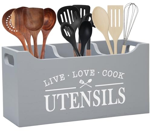 Karisky Soporte para utensilios de cocina con parte inferior de drenaje, organizador grande de 3 compartimentos de madera maciza para encimera de cocina, almacenamiento de herramientas de cocina de