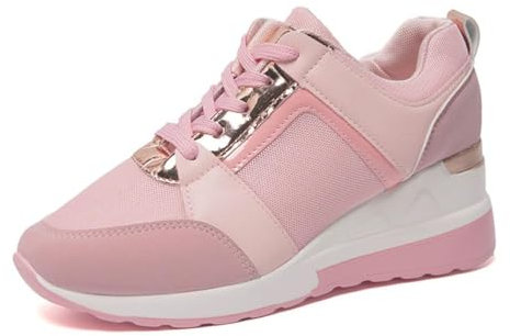ticticlily Chaussures de Marche pour Femmes Talon Compensé à Semelles épaisses Maille Respirante Tennis Baskets de Course Légères A Rose 38 EU