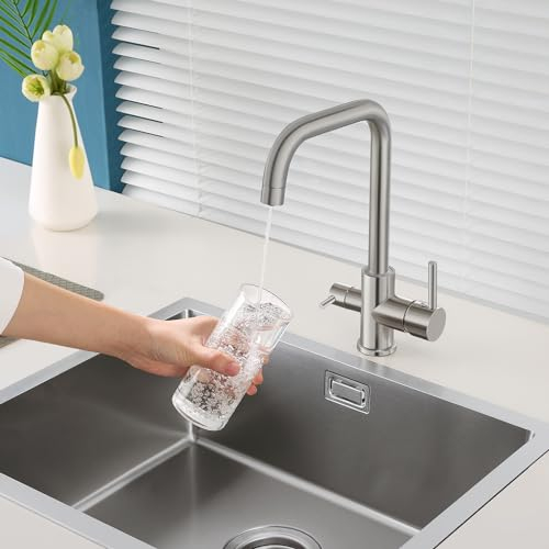 KINKIBOS 3 Wege Wasserhahn Küche, Drei Wege Küchenarmatur 360° Schwenkbar, 3 Wege Küchenarmatur für Osmoseanlage, Trinkwasserhahn mit 2 Hebel, Messing Spültischarmatur Gebürstetes Nickel