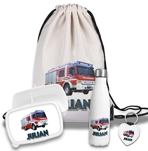 Kinder Schulset Brotdose, Trinkflasche, Turnbeutel personalisiert mit Namen | Set Wasserflasche Edelstahl | Lunchbox mit Trennwand | Geschenk zur Einschulung & Kindergarten | 2 - Feuerwehr blau