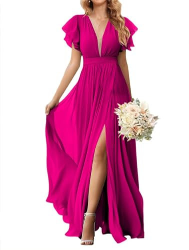 SAYNO Elegantes vestidos de dama de honor con bolsillos, mangas con volantes, vestidos de noche para invitadas de boda para mujer, fucsia, talla 26