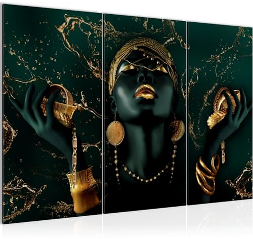 Runa Art Wandbilder Afrikanisсhe Frau Bild XXL Wohnzimmer Schlafzimmer Grün Gold Fashion Beauty 120 x 80 cm 3 Teilig 045431c