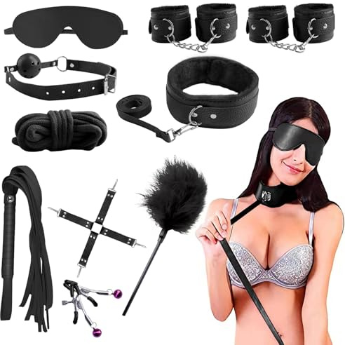 BDSM Sex Bondage Set 10pcs Bed Restraints Collar with Leash Handcuffs Anklecuffs Nipple Clamps Whip Blindfold Ball Gag Rope Fetish Adult Sex Games Cosplay SM kit for Couples