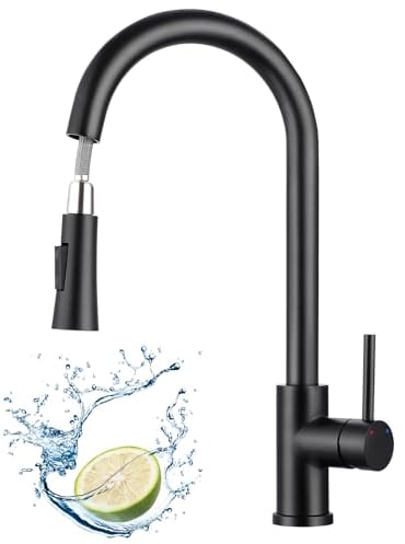 BONADE Robinet de cuisine noir rotatif à 360° avec douchette extensible, mitigeur de cuisine à arc haut avec douchette, 2 modes, robinet d'évier à levier unique en acier inoxydable 304